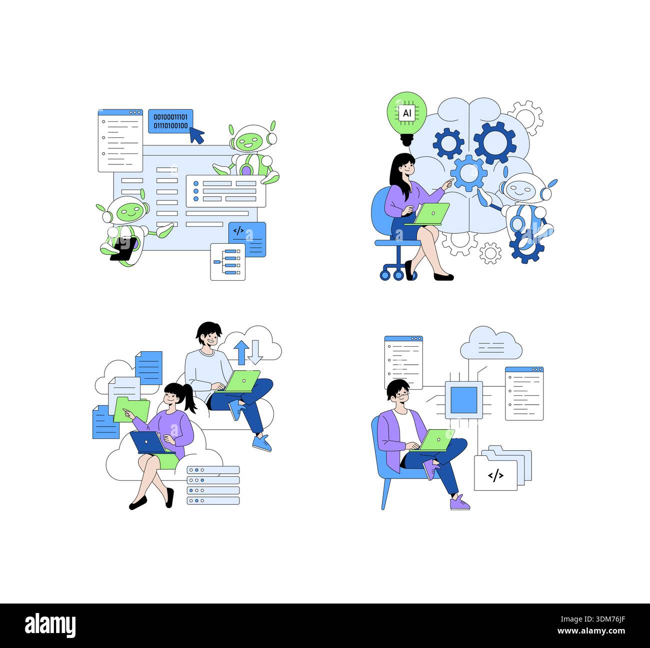 Vector illustration depicting people collaborating with AI in coding and cloud computing. Features interactions with digital interfaces and technology for innovative solutions. Stock Vector