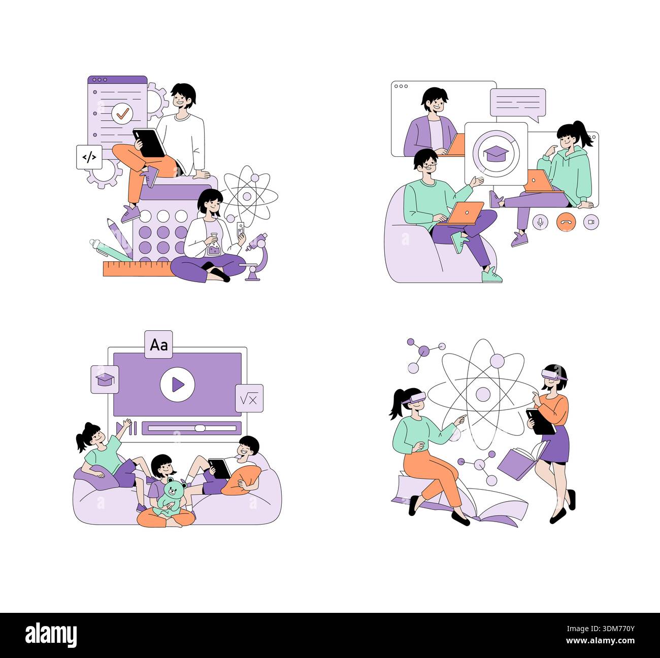 Vector illustration showcasing diverse online learning scenes with family interaction. Displays people engaging with technology, studying materials, and using virtual reality for education. Stock Vector
