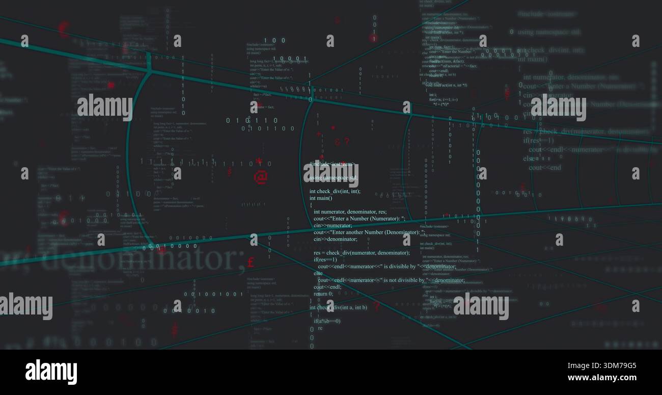 Displaying central code column highlighting C++ syntax on dark terminal, with teal wireframe arcs Stock Photo