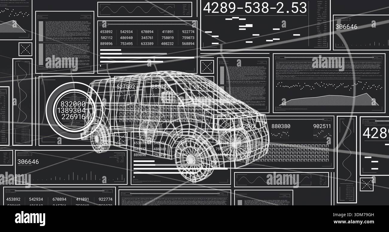 Displaying 3D wireframe car model rotating in engineering UI, with HUD and data panels Stock Photo