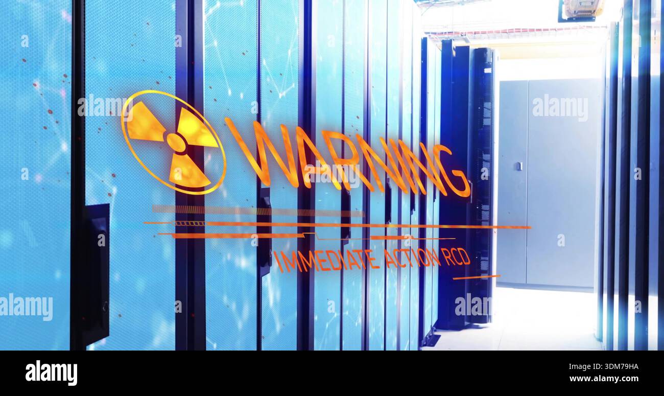 Server Rack Caution Projecting orange warning overlay over datacenter aisle, showing ...
