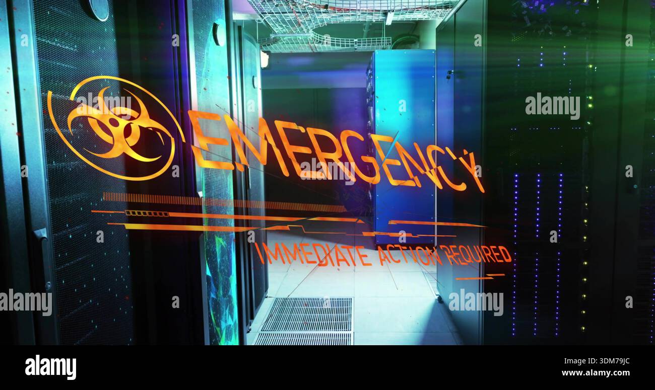 Displaying translucent warning panel glowing over server racks in data center, with biohazard decal Stock Photo