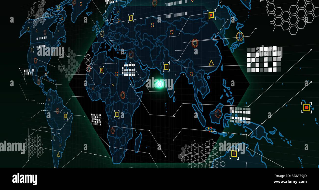 Displaying stylized world map showing green node, white matrix blocks and hex panel on dashboard Stock Photo