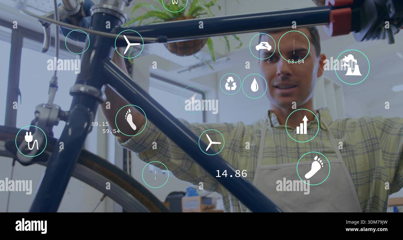 Adjusting bicycle mechanic wearing apron tuning black frame and wheel ...