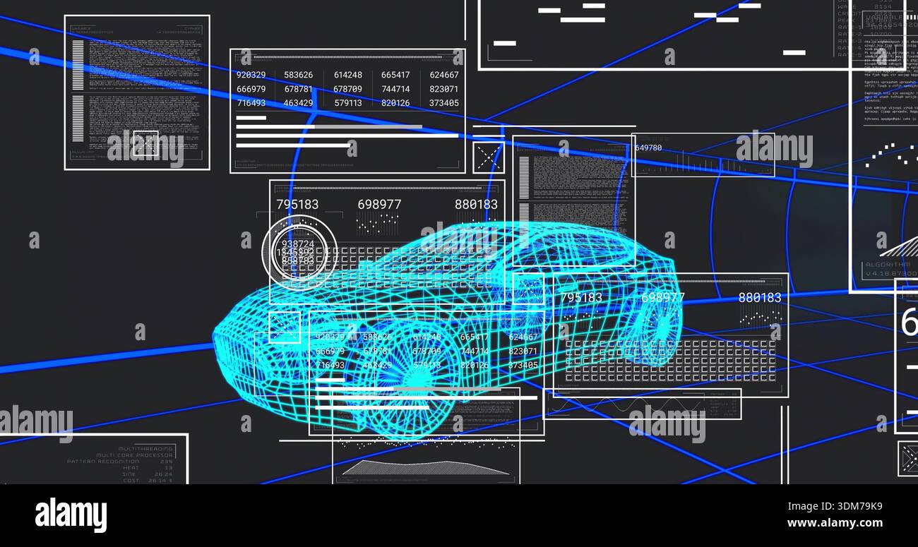 Displaying cyan wireframe sedan model rotating in virtual workspace, showing numeric fields and HUD Stock Photo
