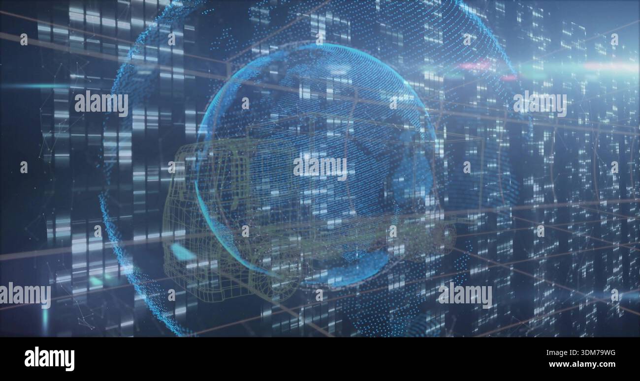 Rotating holographic blue globe projecting data within virtual data wall, featuring orbital rings Stock Photo
