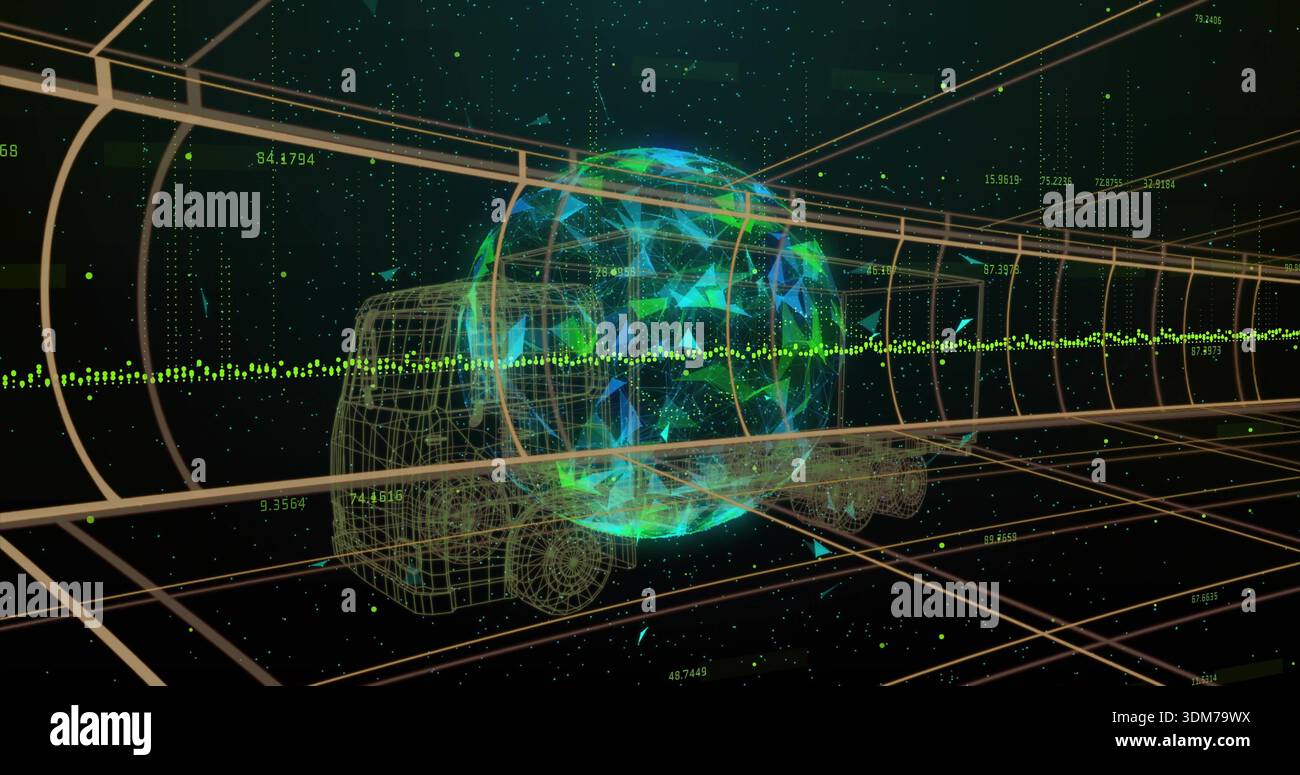 Hovering holographic globe projecting green waveform inside data tunnel, showing wireframe vehicle Stock Photo