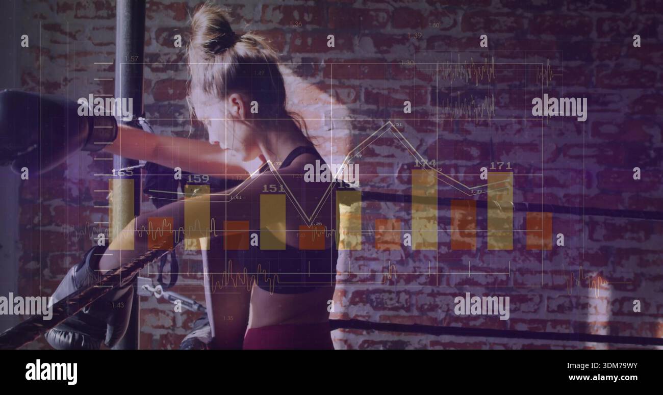 Leaning female boxer pausing on ropes at gym, wearing sports bra, hand wraps and data overlay Stock Photo