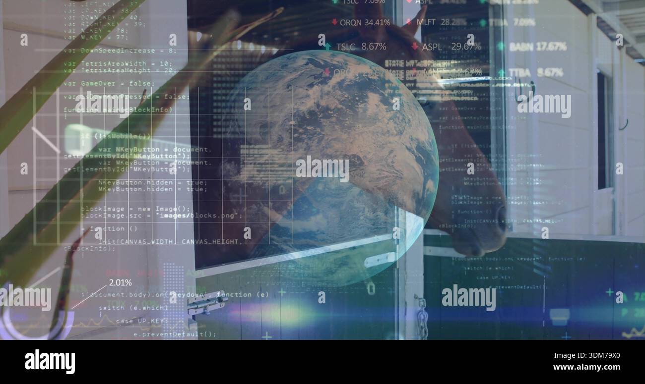 Displaying translucent Earth globe hovering over stable interior, with code overlays, horse head Stock Photo