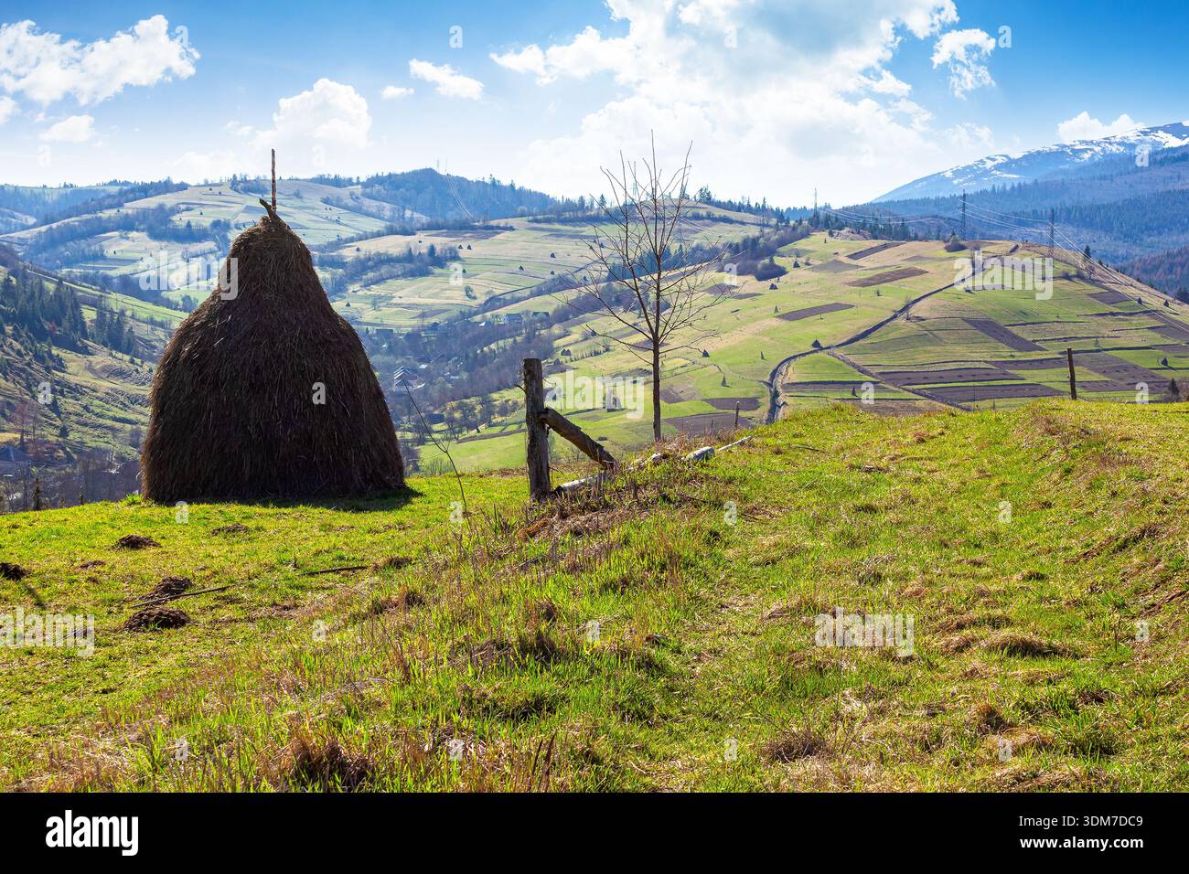 rural landscape in mountains under blue sky. agriculture nature in early spring. haystack on green hill. scenic countryside. green environment sustain Stock Photo