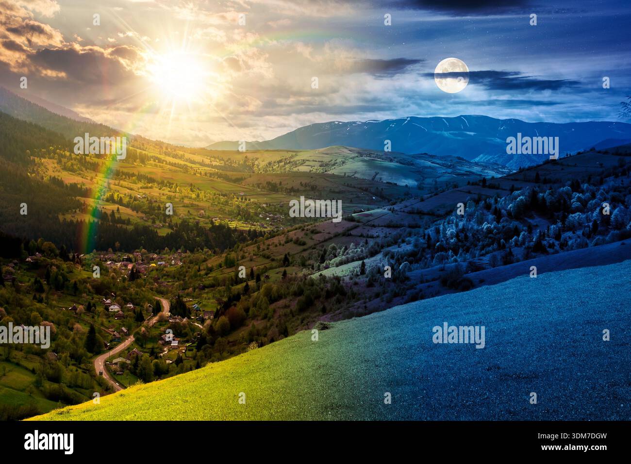 mountainous countryside landscape in spring. day and night time change concept. village down in the valley with sun and moon. grassy rural fields on r Stock Photo