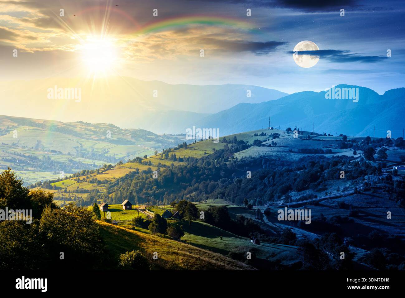 mountainous countryside landscape with rolling hills on summer solstice. day and night time change concept. rural area with sun and moon at twilight. Stock Photo