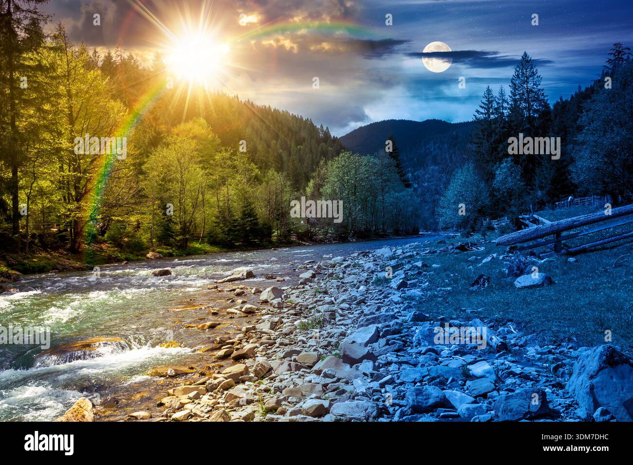mountain river among the forest in spring. day and night time change concept. trees, wooden fence and stones on the shore with sun and moon. beautiful Stock Photo