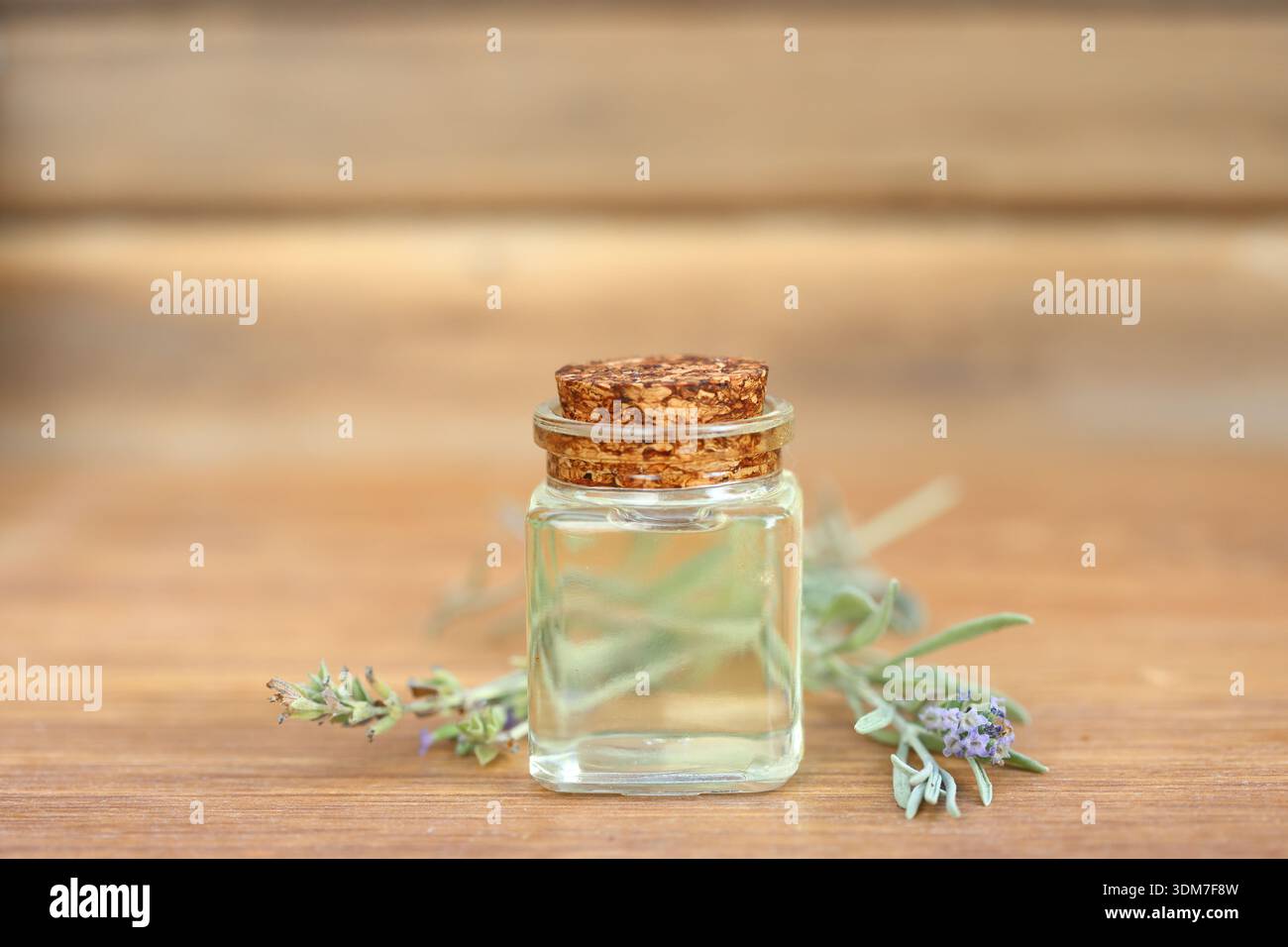 lavender essential oil in glass bottle on wooden background Stock Photo