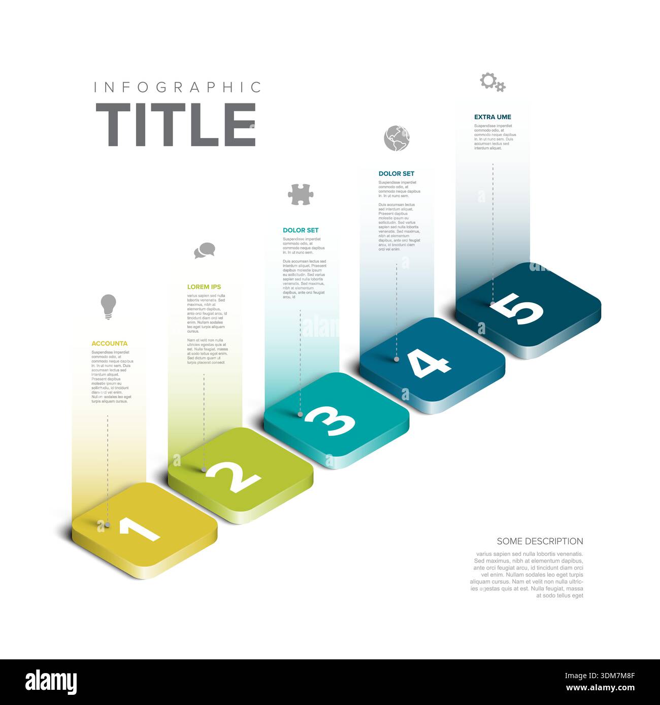 Professional 5 step infographic design using colorful buttons. Each step infographic includes numbered elements to visualize the process and business Stock Vector