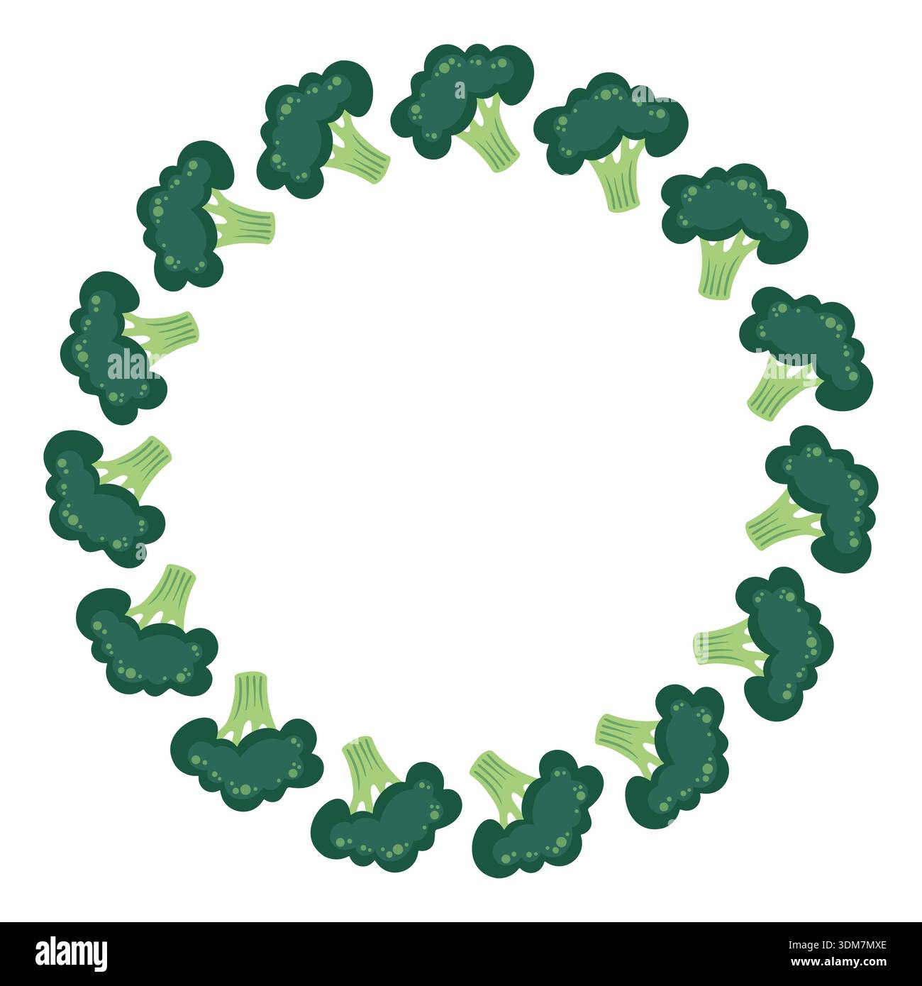 Round frame with broccoli. Hand-drawn colorful harvest and lettuce leaves. Healthy organic food. Fresh, healthy vegetables. Stock Vector