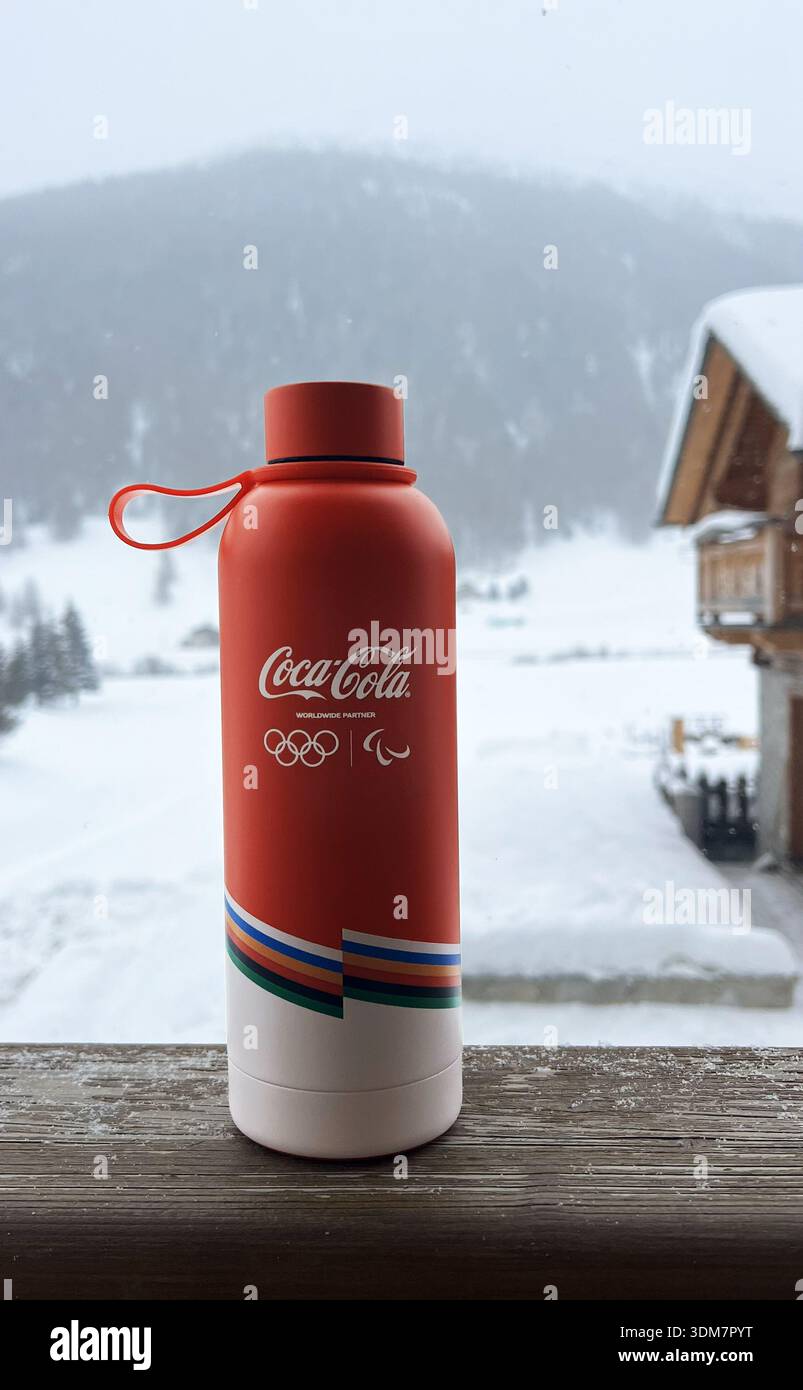 Livigno, Italy - February 3, 2026: Branded Coca Cola volunteer