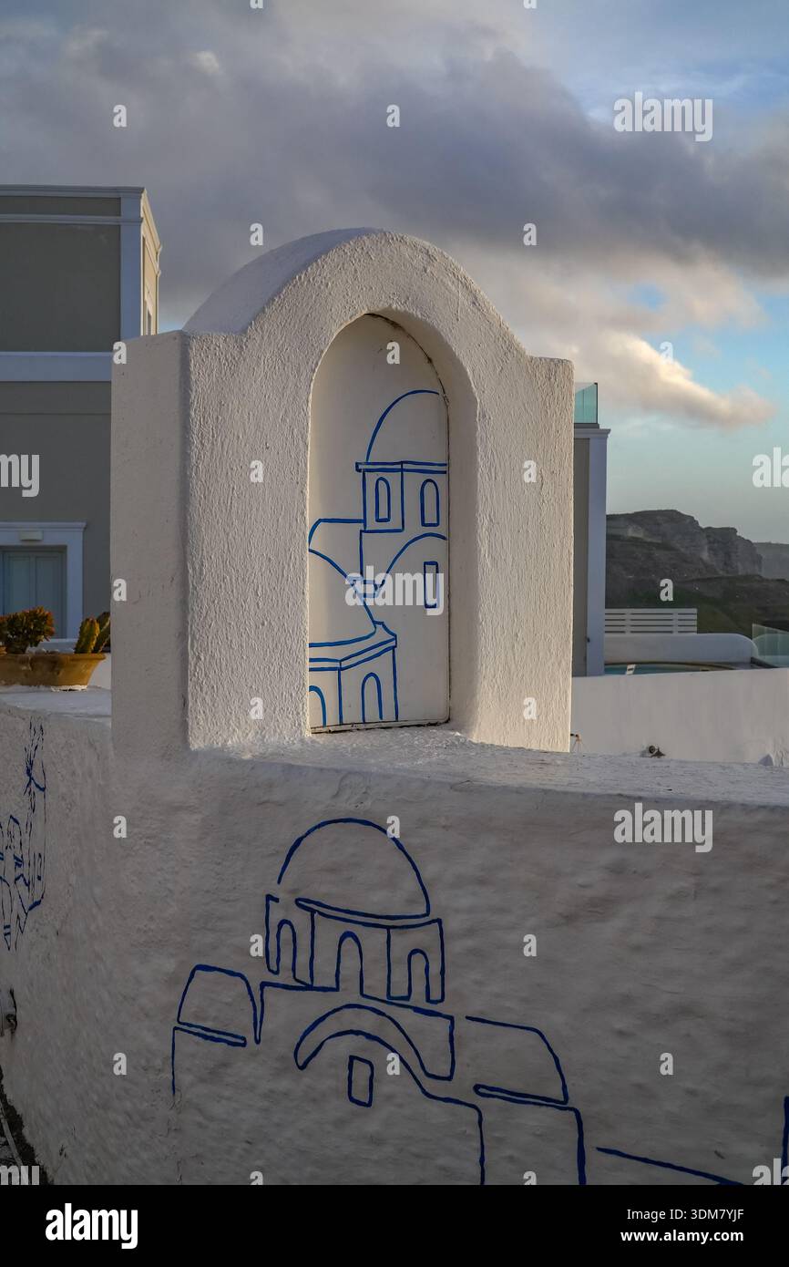 Santorini architecture detail. Blue line painting on whitewashed stucco ...