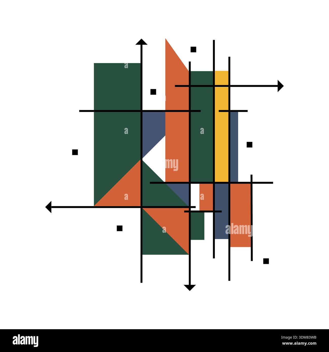 Abstract geometric composition with interlocking lines, vectors and colored shapes in a modern constructivist style Stock Photo