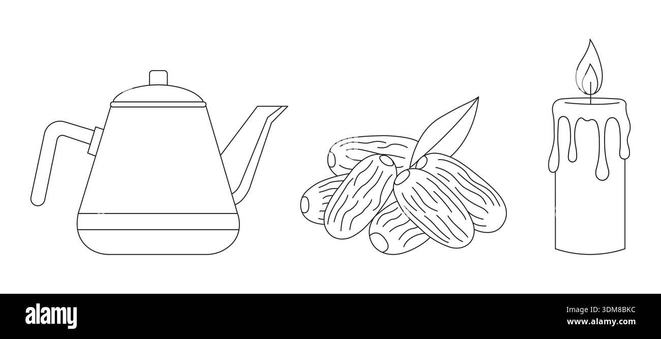 Minimalist Ramadan Line Art Illustration with Teapot, Dates, and Candle Vector Icon Set Stock Vector