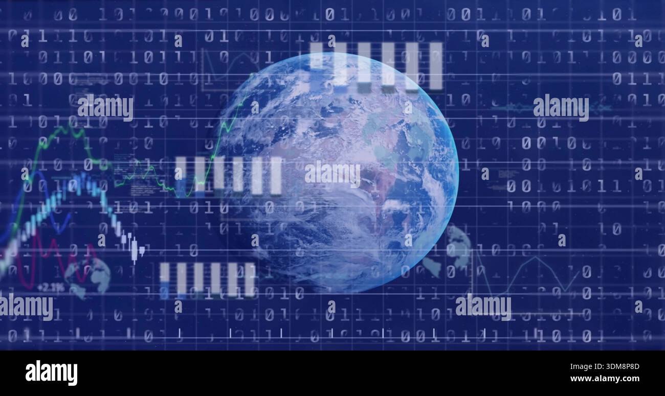 Rotating Earth globe showing binary, line charts, candlesticks, numeric labels on data dashboard Stock Photo