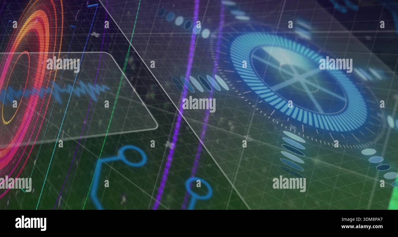 Displaying blue dial rotating on right HUD, with red-orange waveform left and triangular panel Stock Photo