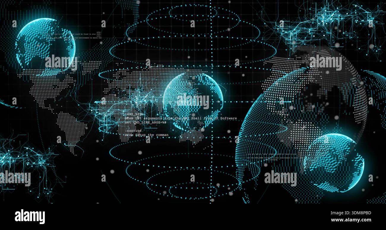 Rotating holographic globe on right side within cyber UI with map rings node graphs, copy space Stock Photo
