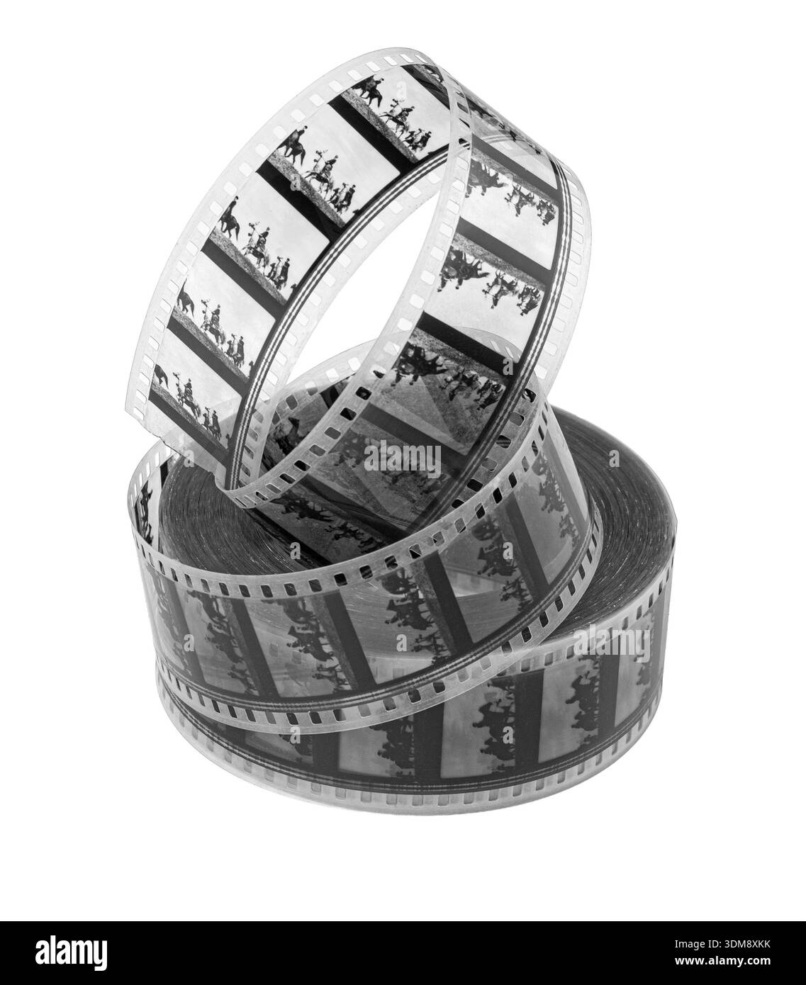 Film reel with perforated edges unrolling, showing frames from a ...