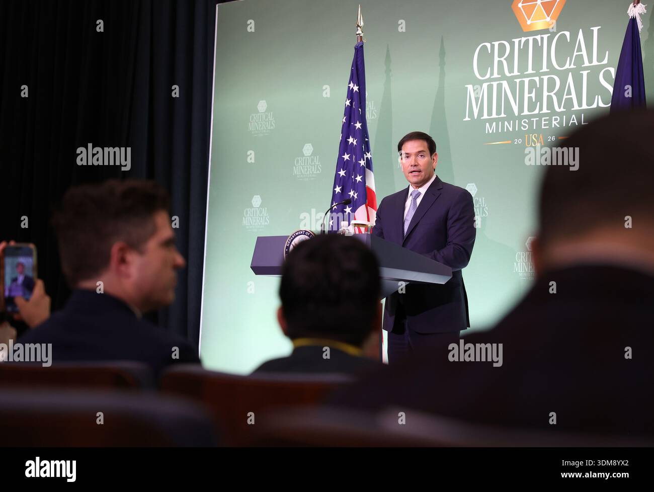 Washington Dc, Virginia, USA. 4th Feb, 2026. U.S. Secretary of State Marco Rubio attends a news conference during the first Critical Minerals Ministerial at the State Department's Harry S. Truman Building in Washington, DC, USA, on February 04, 2026. About 50 countries attended the ministerial, a gathering to discuss the creation of tech supply chain partnerships that can bypass China. The United States has been looking for alternative sources for rare earth minerals since Beijing cut the U.S. off from its supply last year. (Credit Image: © Gent Shkullaku/ZUMA Press Wire) EDITORIAL USAGE ON Stock Photo