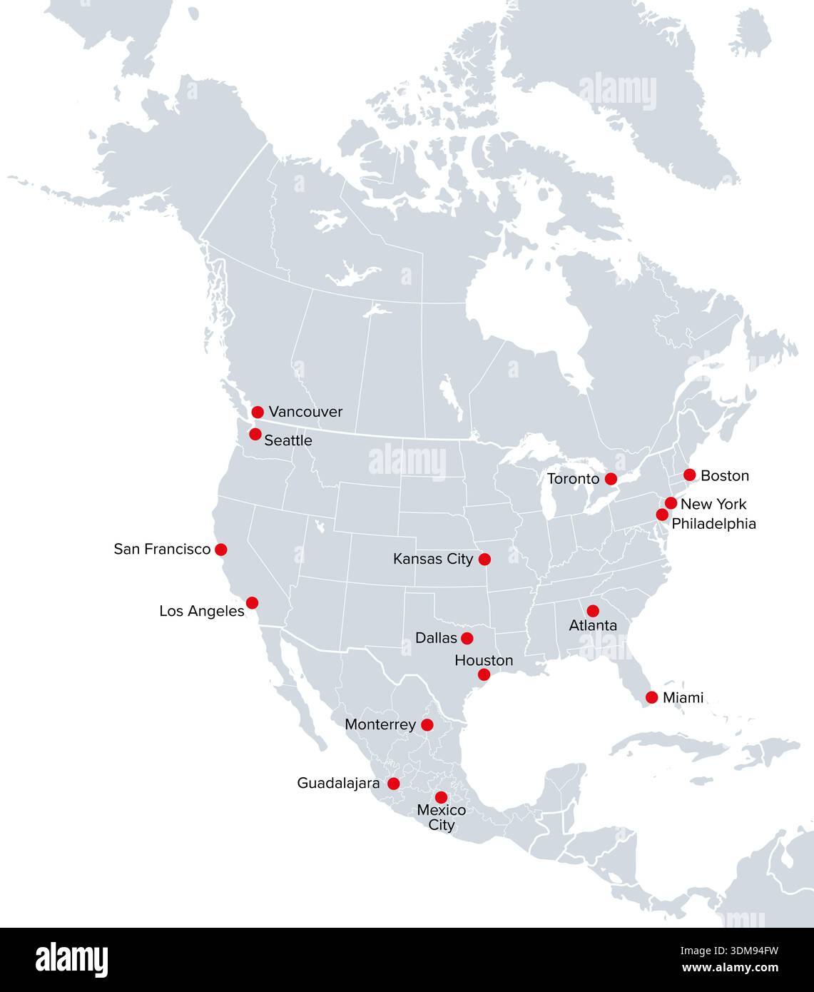 North America, soccer cities, 2026, political map. In 2026, sixteen