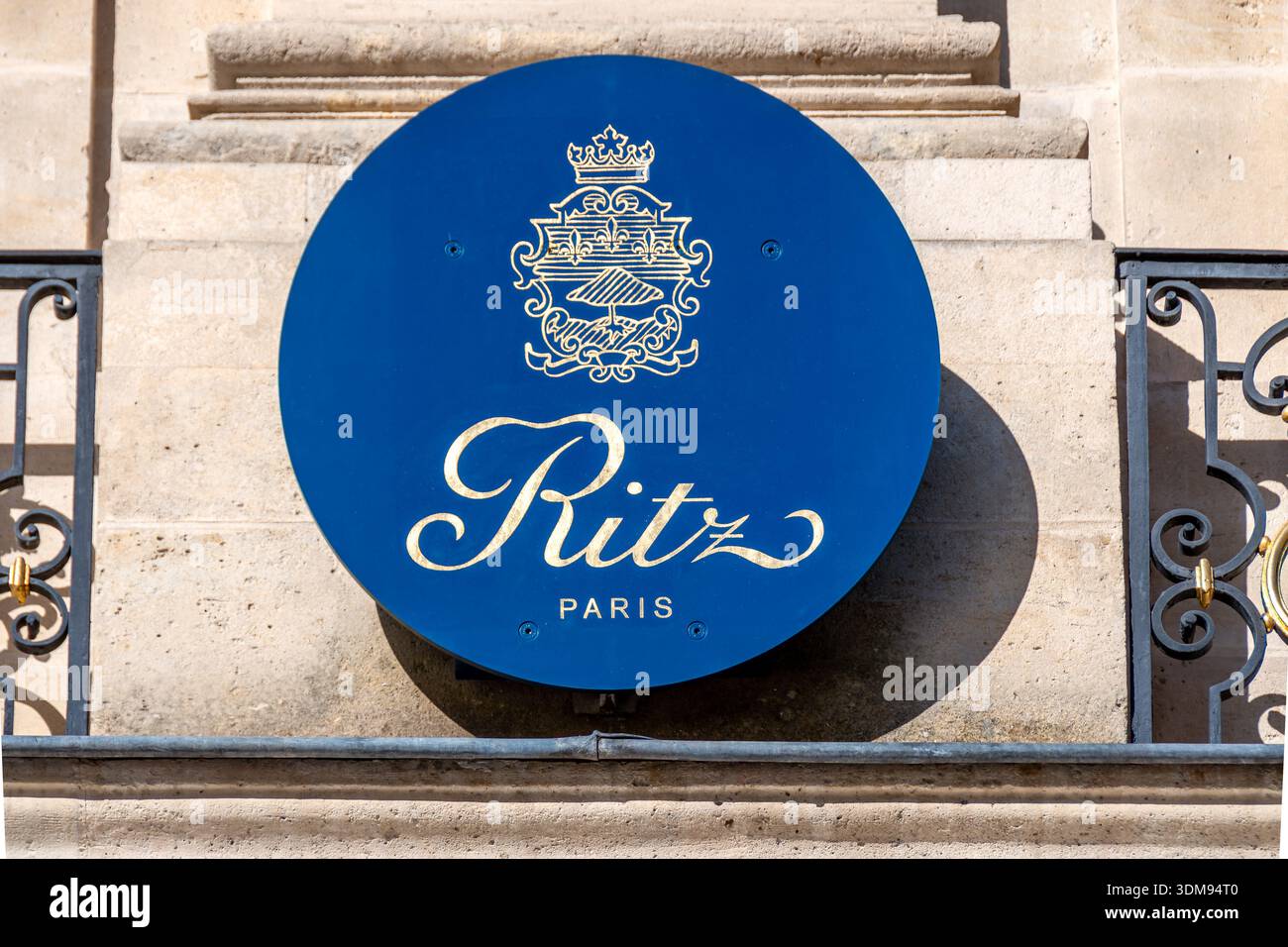 Sign and logo of the Ritz Paris hotel. The Ritz Paris is a five star hotel ranked among the most beautiful and luxurious hotels in the world Stock Photo