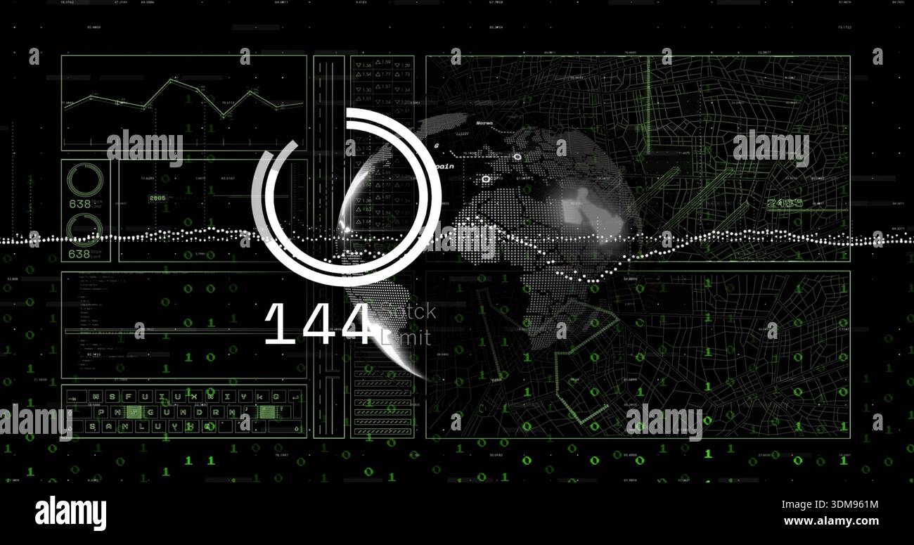 Displaying central HUD ring with dotted globe showing 144 and timeline on dashboard, binary digits Stock Photo