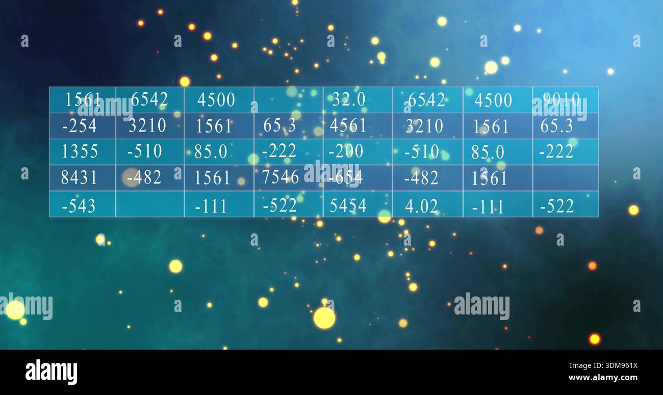 Displaying teal-blue grid panel floating over gradient backdrop with gold bokeh, showing numbers Stock Photo