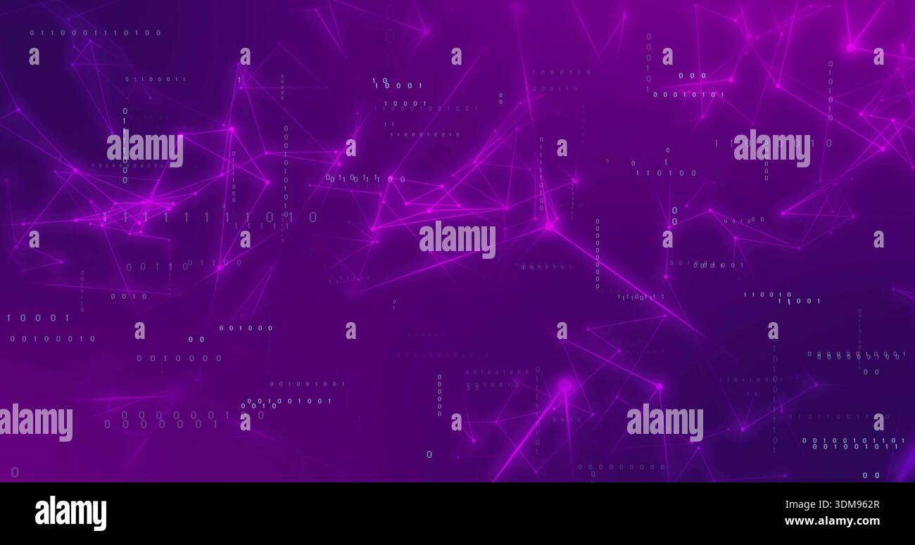 Pulsing glowing nodes forming triangular mesh on dark purple gradient, with binary digits Stock Photo