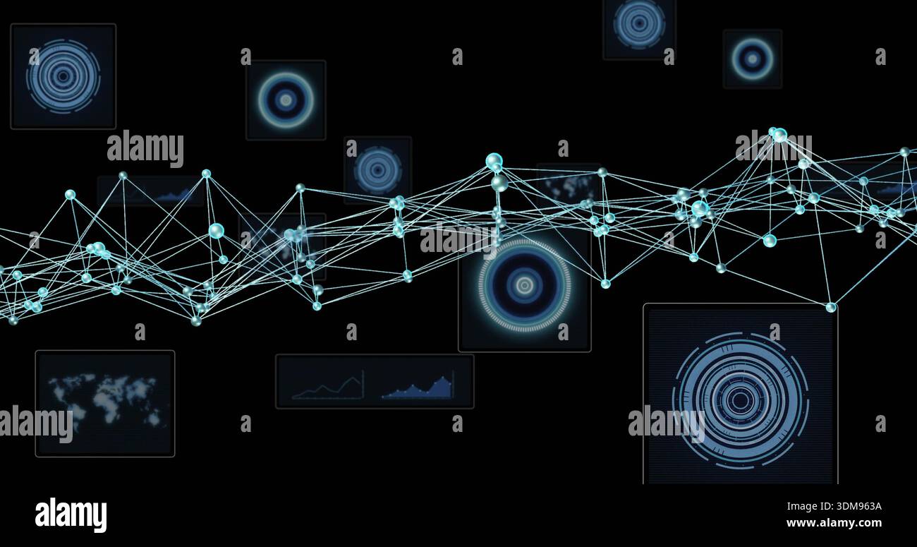 Displaying connected glowing-node network spanning middle of dark digital interface, with HUD rings Stock Photo