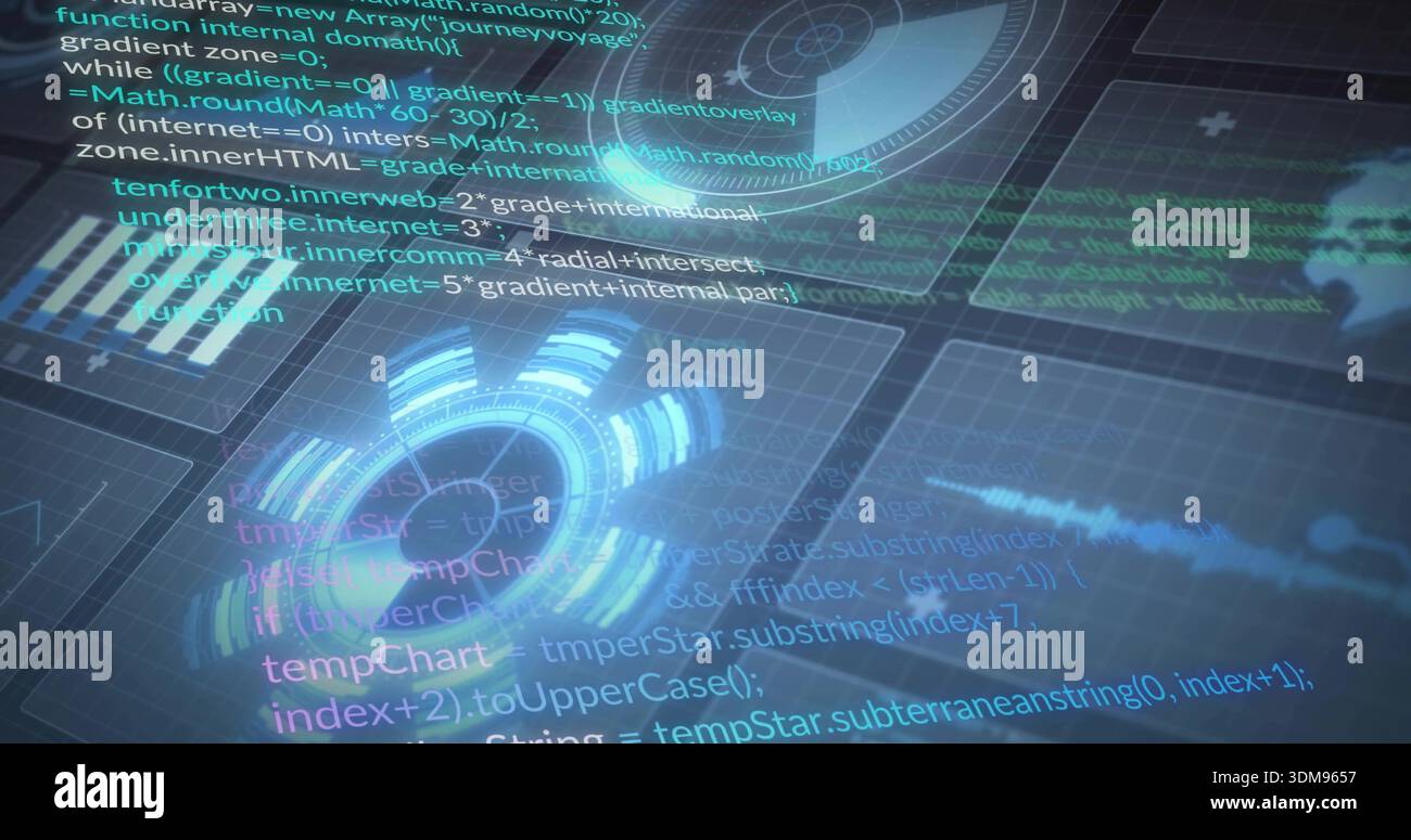 Displaying glowing concentric circular HUD pulsing over virtual grid workspace, showing code panels Stock Photo