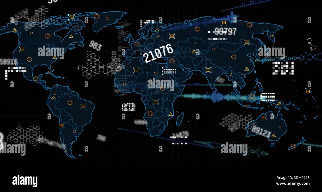 Displaying stylized global map on digital dashboard with numeric labels, hex clusters, node trails Stock Photo