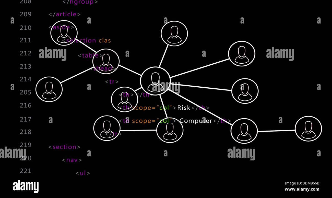 Displaying central hub avatar connecting radial nodes on dark code editor, with colorful HTML Stock Photo