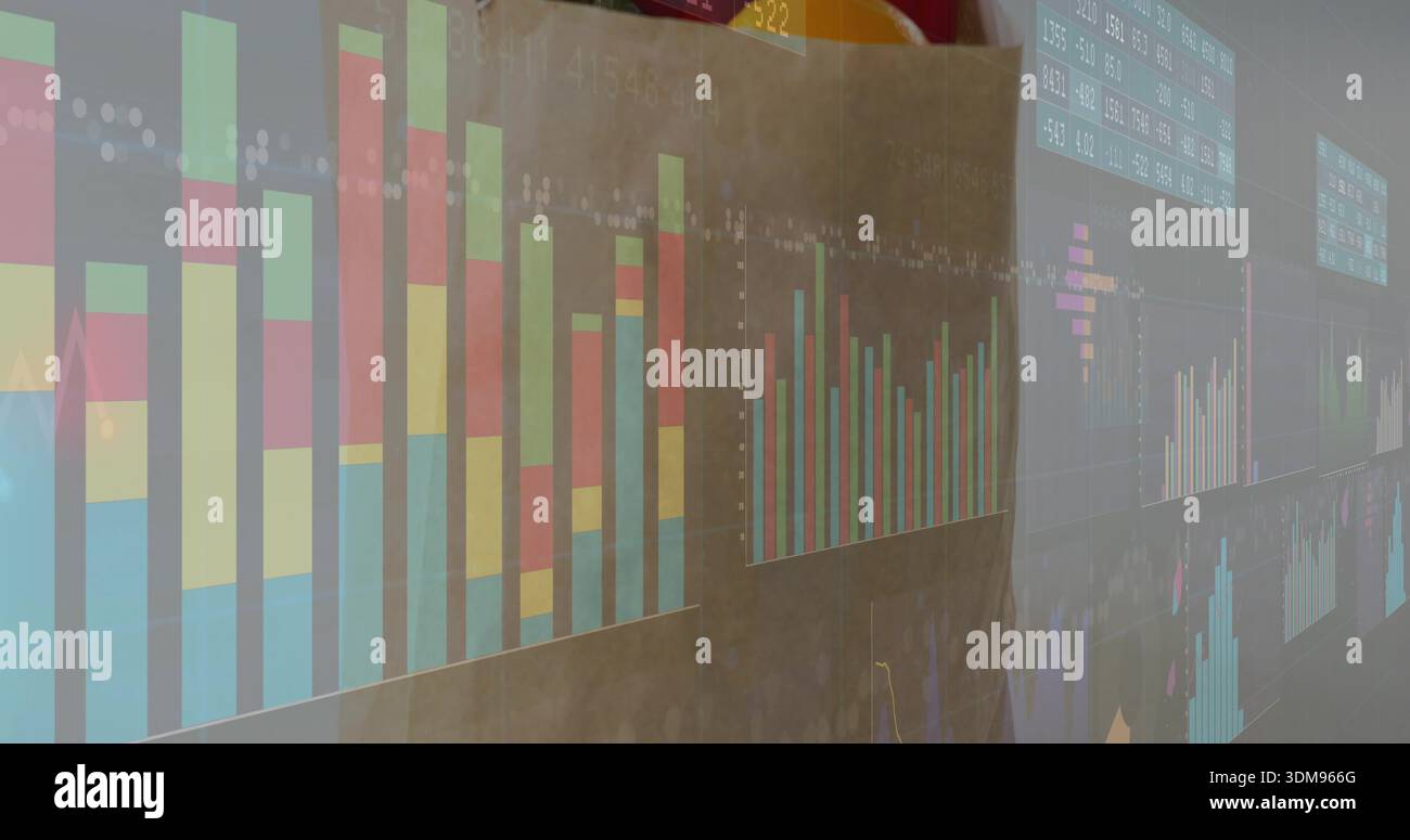 Projecting multi-panel data visuals wall showing analytics in meeting room, with stacked bar charts Stock Photo