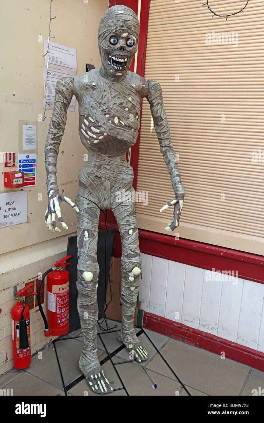 Halloween mummy decoration inside Stockport Market Hall during seasonal October displays, Stockport, Greater Manchester, England, UK. Stock Photo