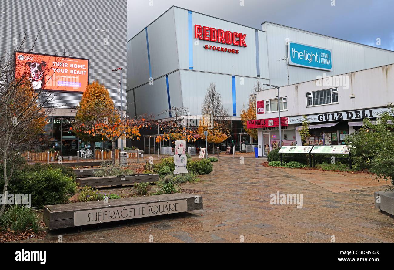 Suffragette Square public plaza by Redrock leisure complex with The Light Cinema signage, Stockport town centre, Greater Manchester, England, UK Stock Photo