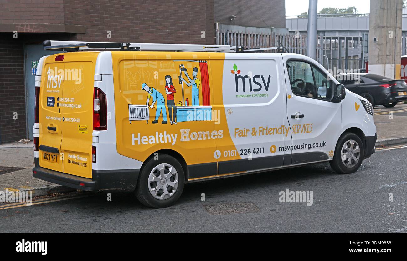 MSV Mosscare St Vincent’s Housing Association “Healthy Homes” branded service van parked on a street in Stockport, Greater Manchester, England, UK. Stock Photo