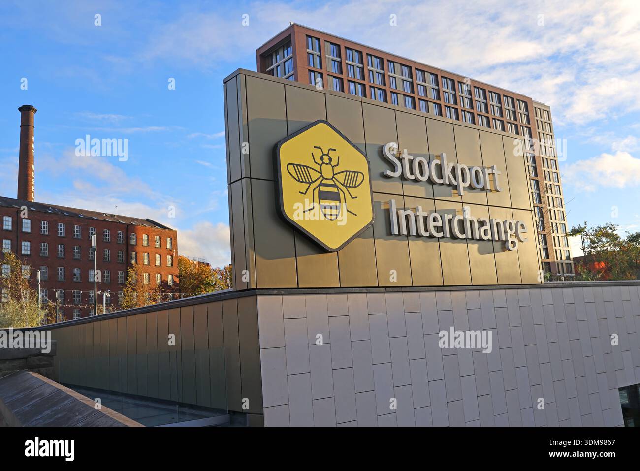 Bee Network branded “Stockport Interchange” sign on exterior of Stockport Interchange public transport hub,Stockport town centre,Greater Manchester Stock Photo