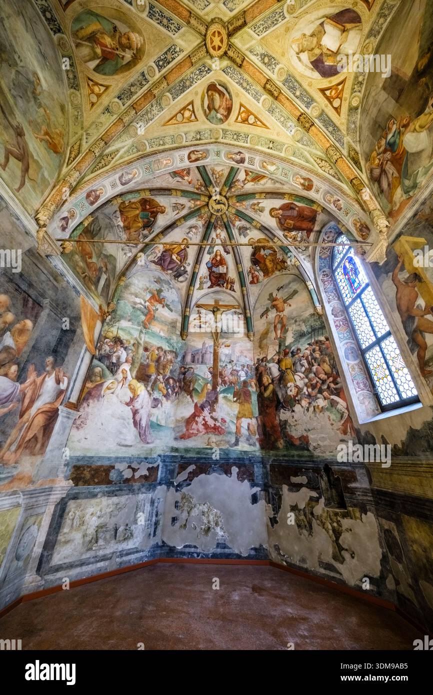 Renaissance frescoes depicting the Crucifixion on the vaulted ceiling ...