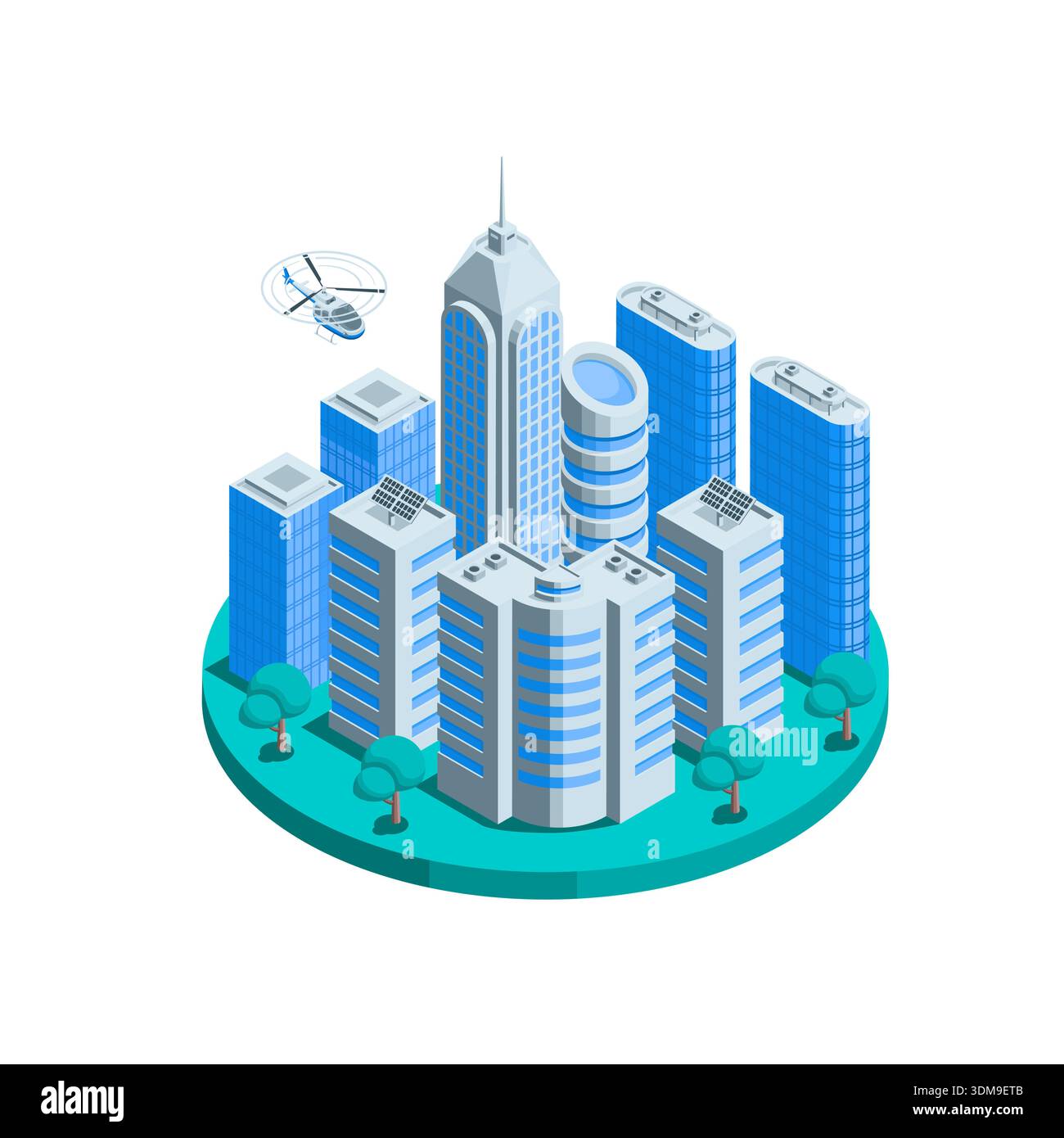 Isometric vector modern city from skyscrapers on a green round field, in color on a white background, an ecological city Stock Vector
