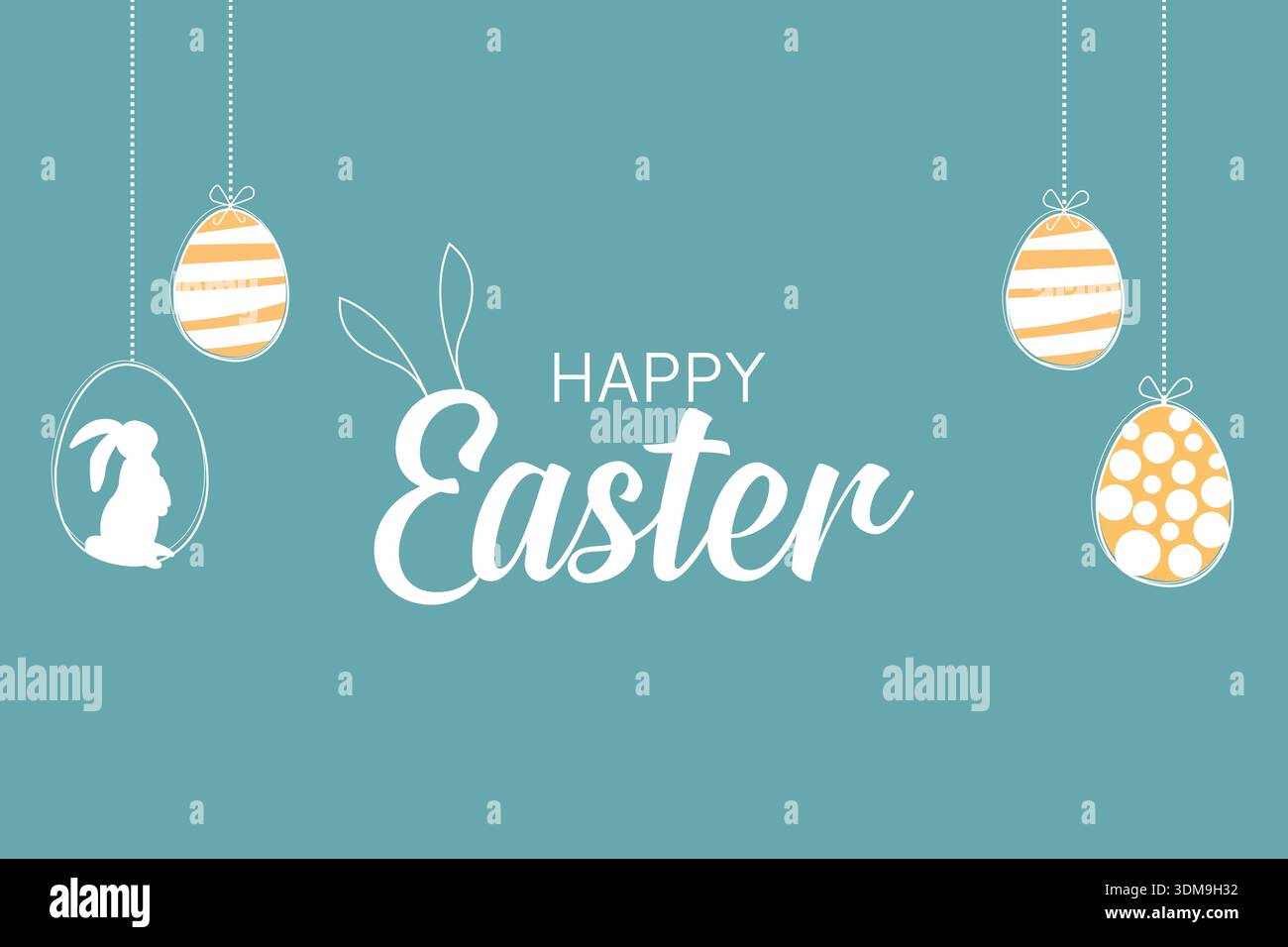 Happy Easter card with easter eggs, garland, and a rabbit. Simple decoration Stock Vector