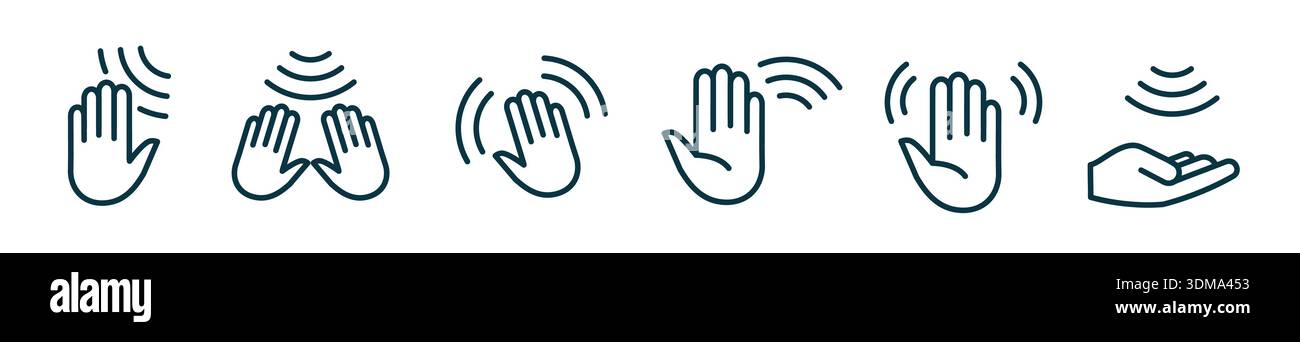 Hand wave sensor motion gesture line icon. Palm wave sensor touch control button automatic signal Stock Vector