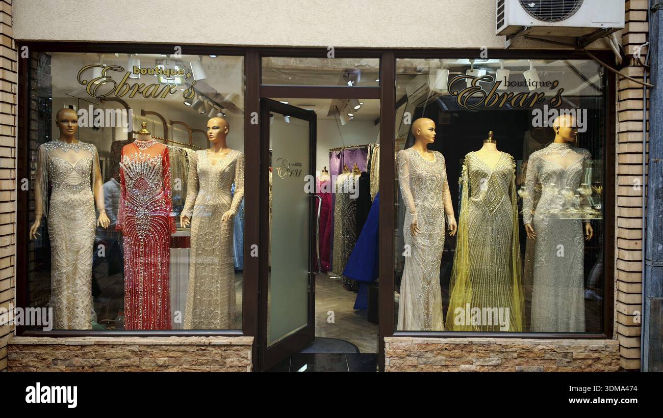Elegant evening dresses in a boutique shop window, Ohrid, North Macedonia  Stock Photo - Alamy
