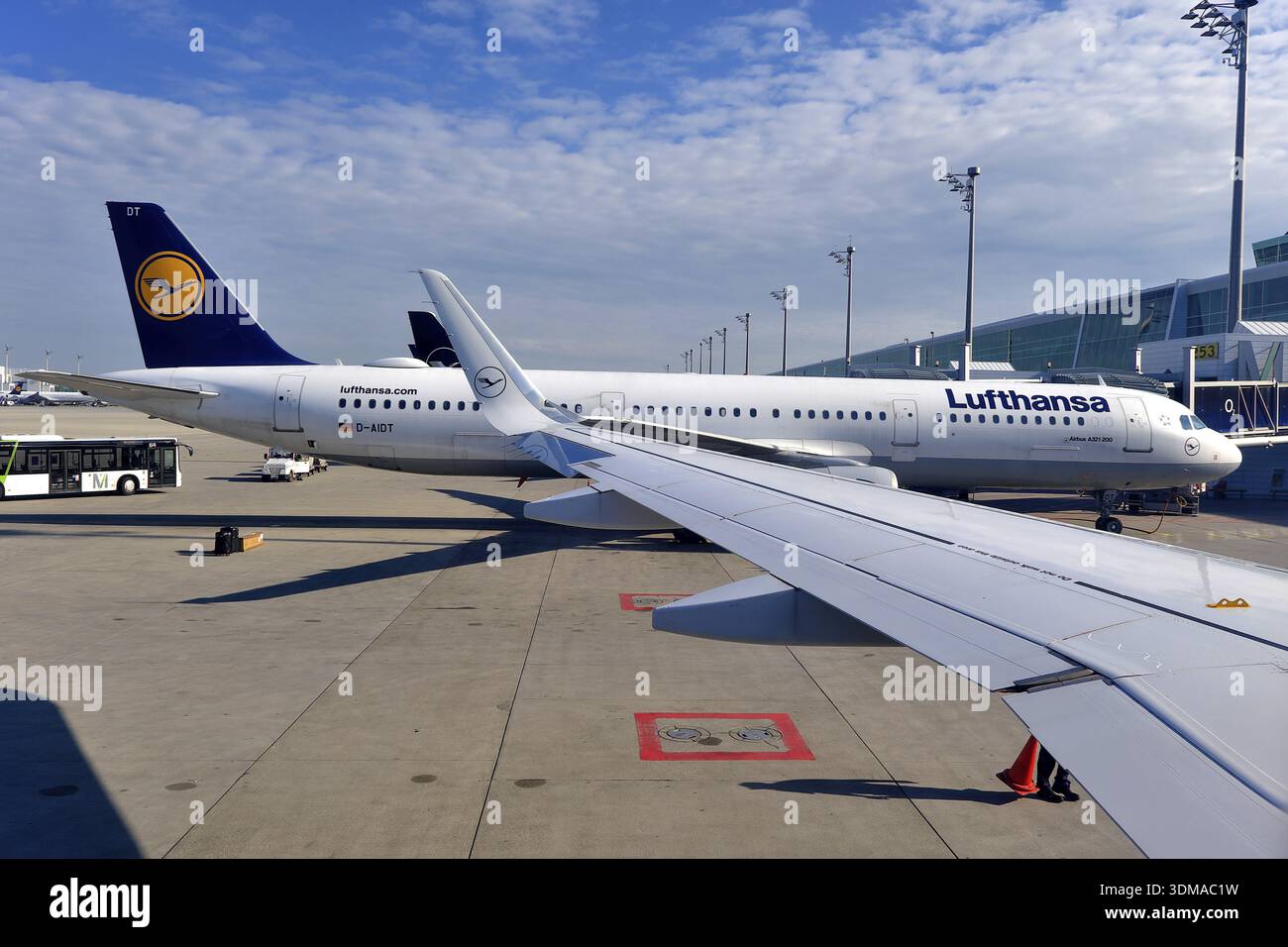 Wing of a Lufthansa Airbus A320-271N, in front of a Lufthansa