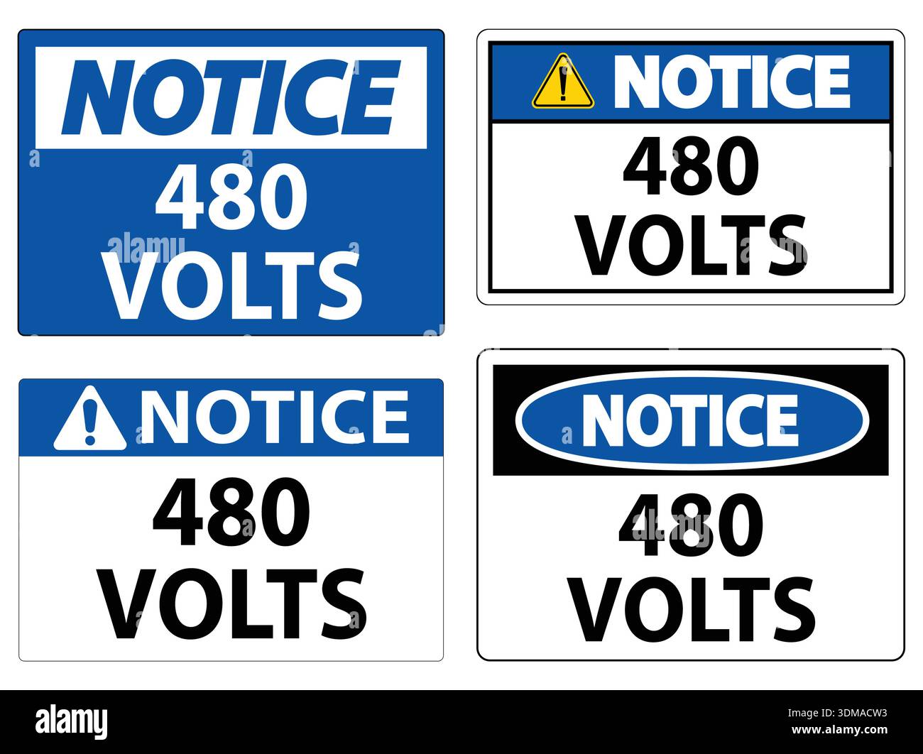 This image showcases various safety notice signs indicating 480 volts ...